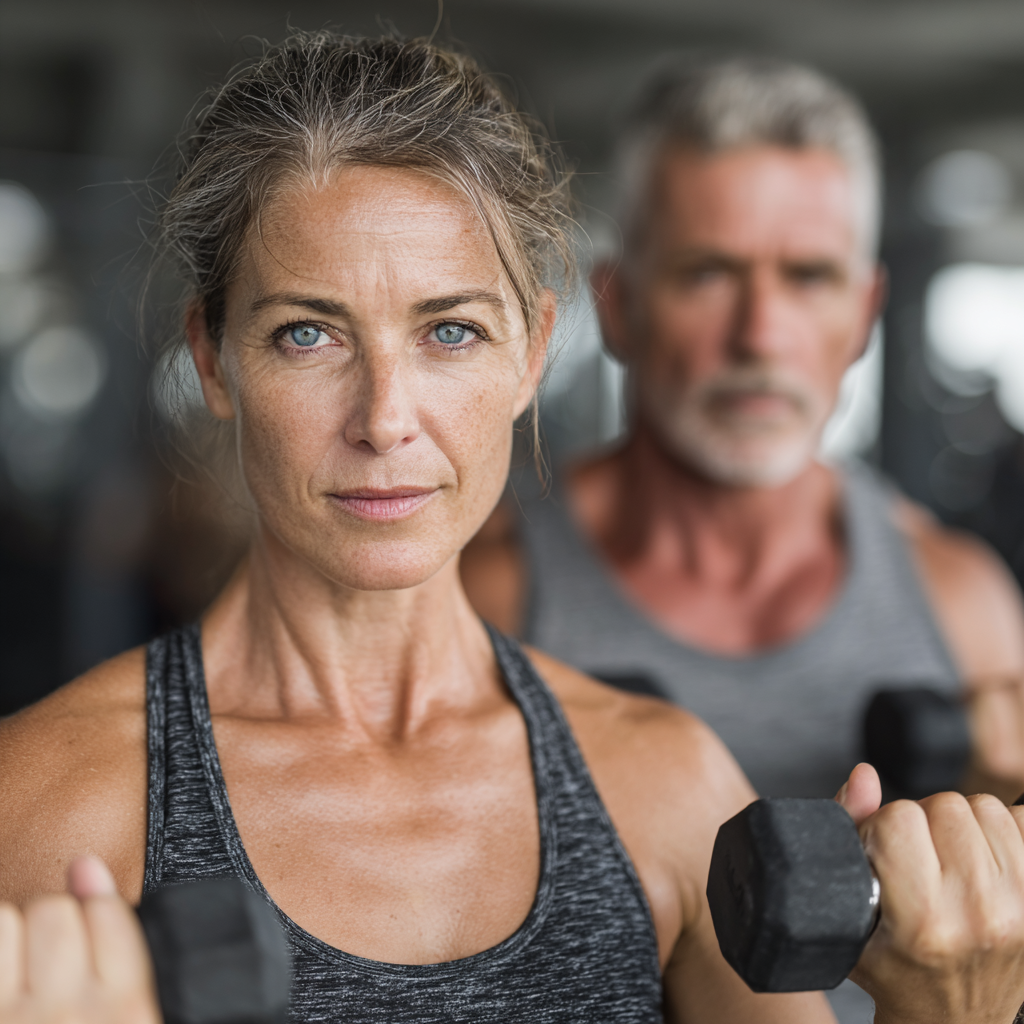 Middle-aged couple exercising together with dumbbells in bright fitness studio, both wearing athletic clothing and showing determination
